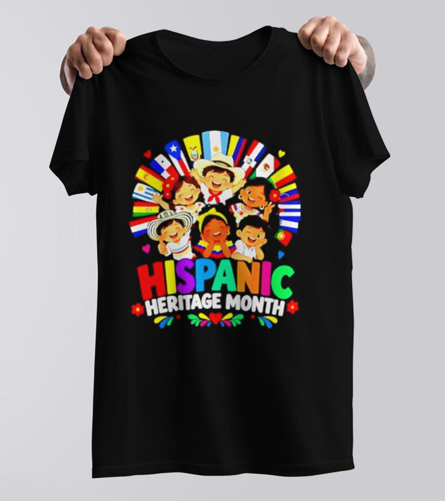 Hispanic Heritage Month Celebration With Latino Countries Flags And Happy Children T-Shirt