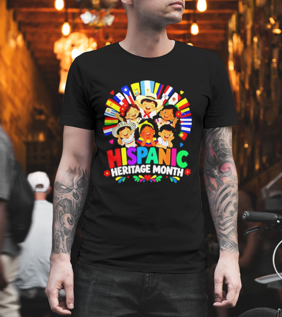 Hispanic Heritage Month Celebration With Latino Countries Flags And Happy Children T-Shirt