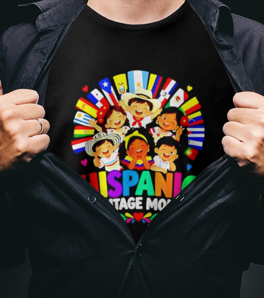 Hispanic Heritage Month Celebration With Latino Countries Flags And Happy Children T-Shirt