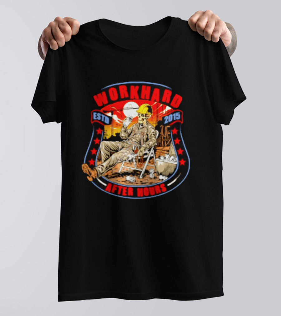 Work Hard After Hours Estd 2015 Skeleton Construction Worker Relaxing Moonlight Scene T-Shirt