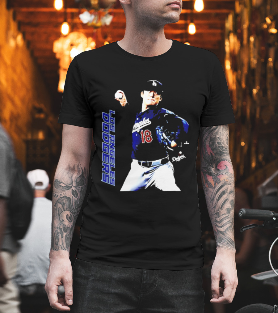 Los Angeles Dodgers Yoshinobu Yamamoto Number 18 MLB Pitcher Swing T-Shirt