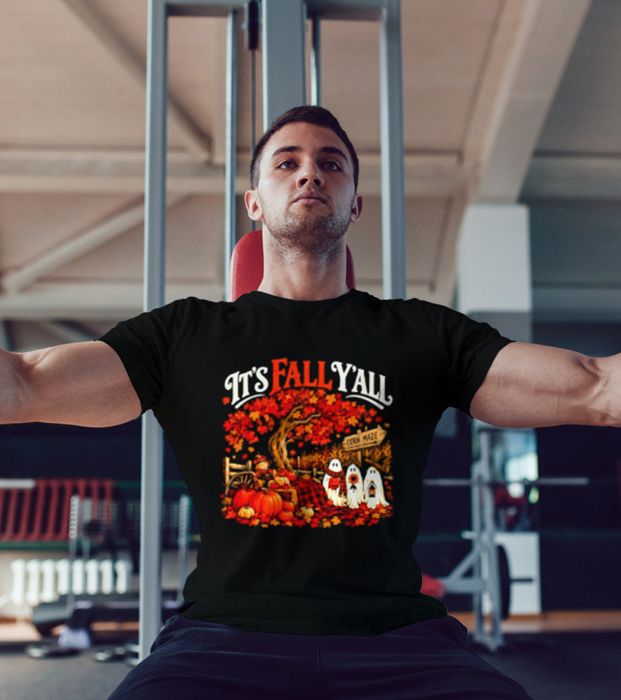 It's Fall Y'all Corn Maze Pumpkins Scarecrow Ghosts Halloween Tree T-Shirt