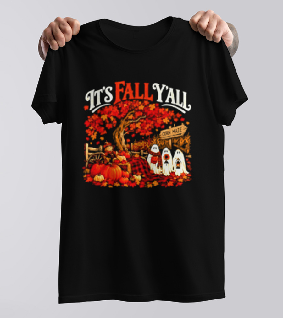 It's Fall Y'all Corn Maze Pumpkins Scarecrow Ghosts Halloween Tree T-Shirt