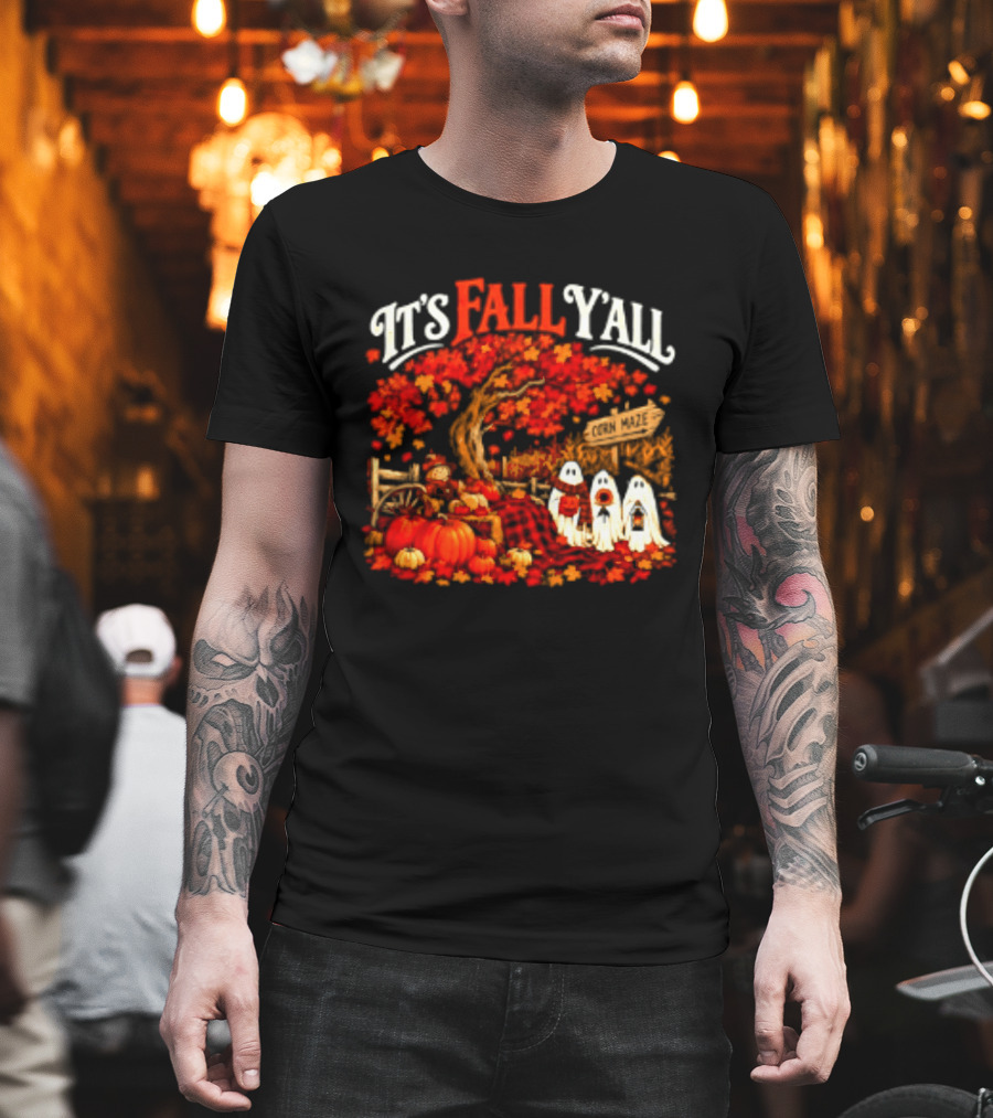 It's Fall Y'all Corn Maze Pumpkins Scarecrow Ghosts Halloween Tree T-Shirt