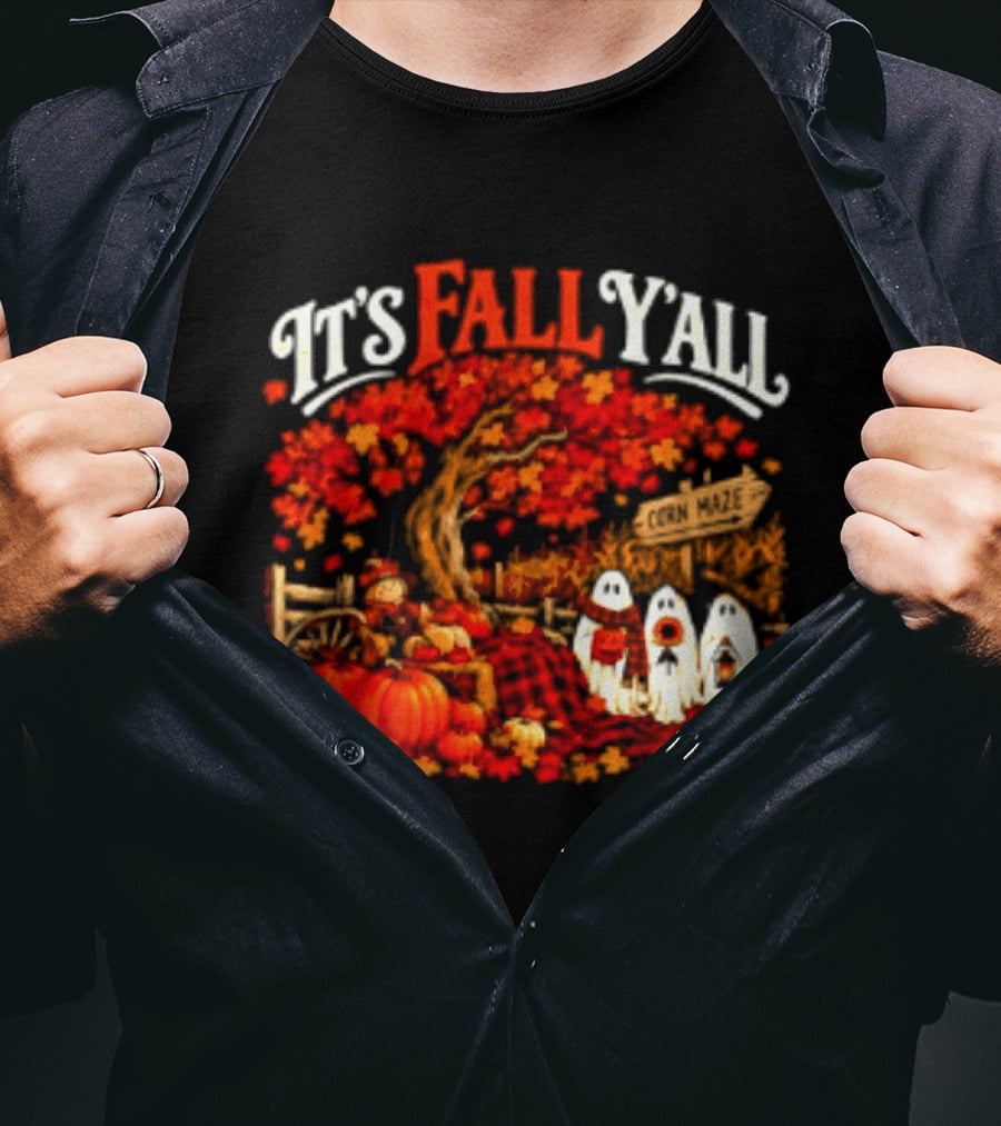 It's Fall Y'all Corn Maze Pumpkins Scarecrow Ghosts Halloween Tree T-Shirt