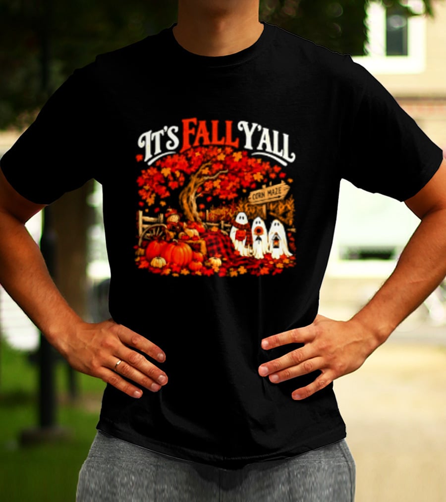 It's Fall Y'all Corn Maze Pumpkins Scarecrow Ghosts Halloween Tree T-Shirt
