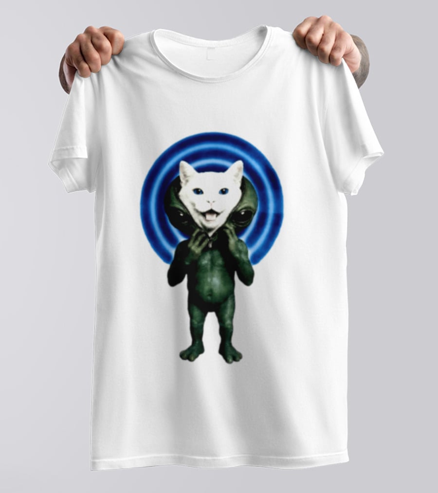 Cat Unzipping Alien Costume Sci Fi Whimsical Blue Ripple Effect T-Shirt