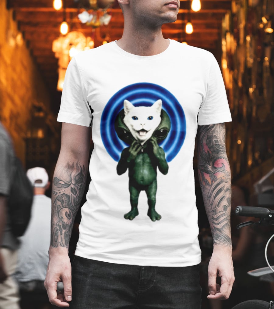 Cat Unzipping Alien Costume Sci Fi Whimsical Blue Ripple Effect T-Shirt