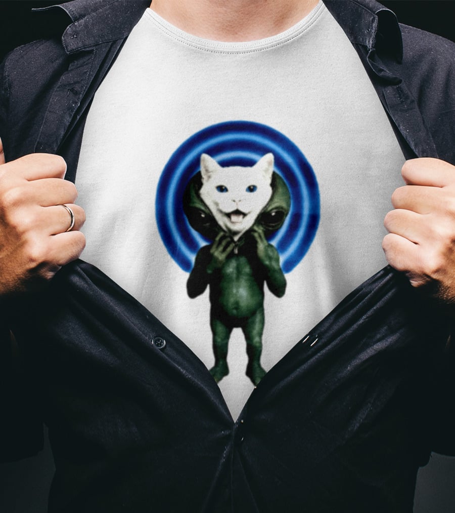 Cat Unzipping Alien Costume Sci Fi Whimsical Blue Ripple Effect T-Shirt