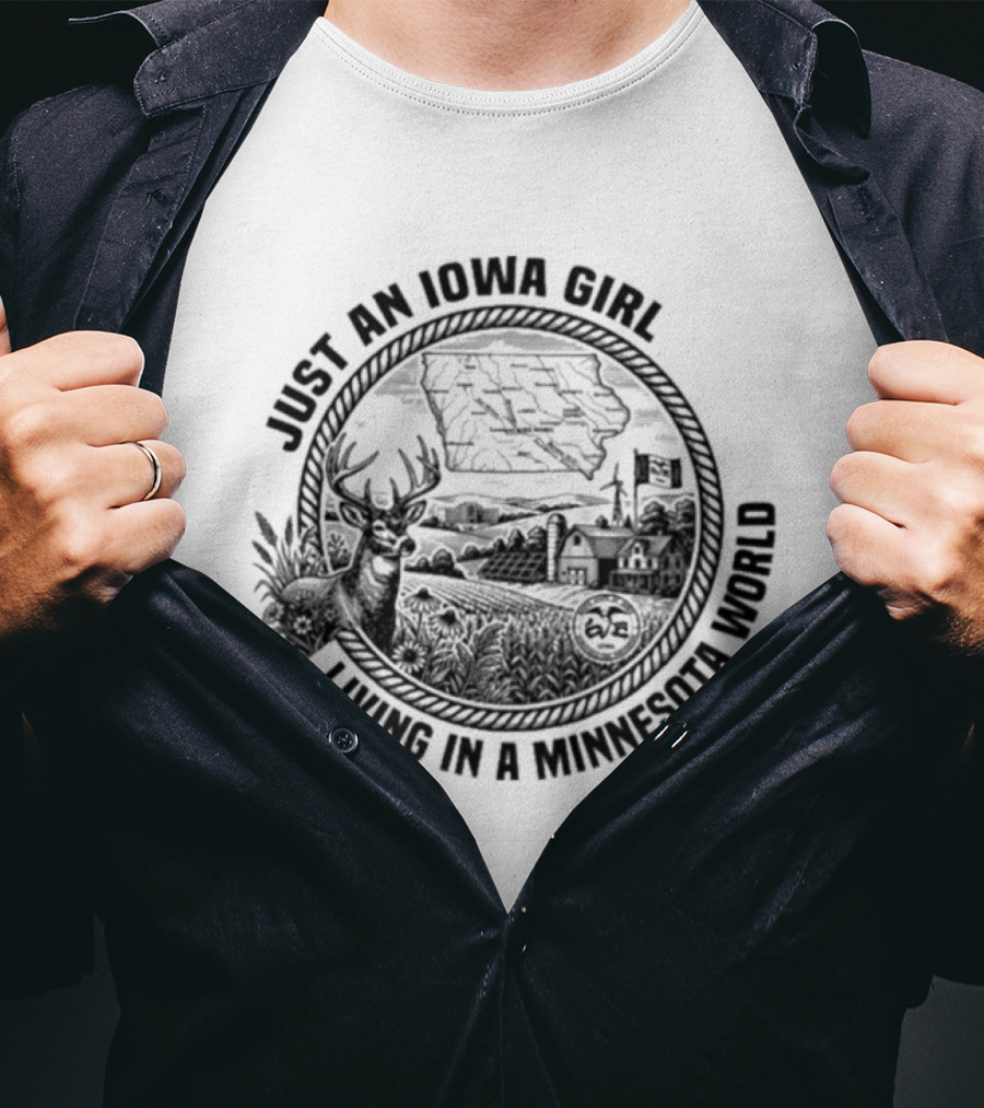 Just An Iowa Girl Living In A Minnesota World Nature Moose Cabin Scene T-Shirt