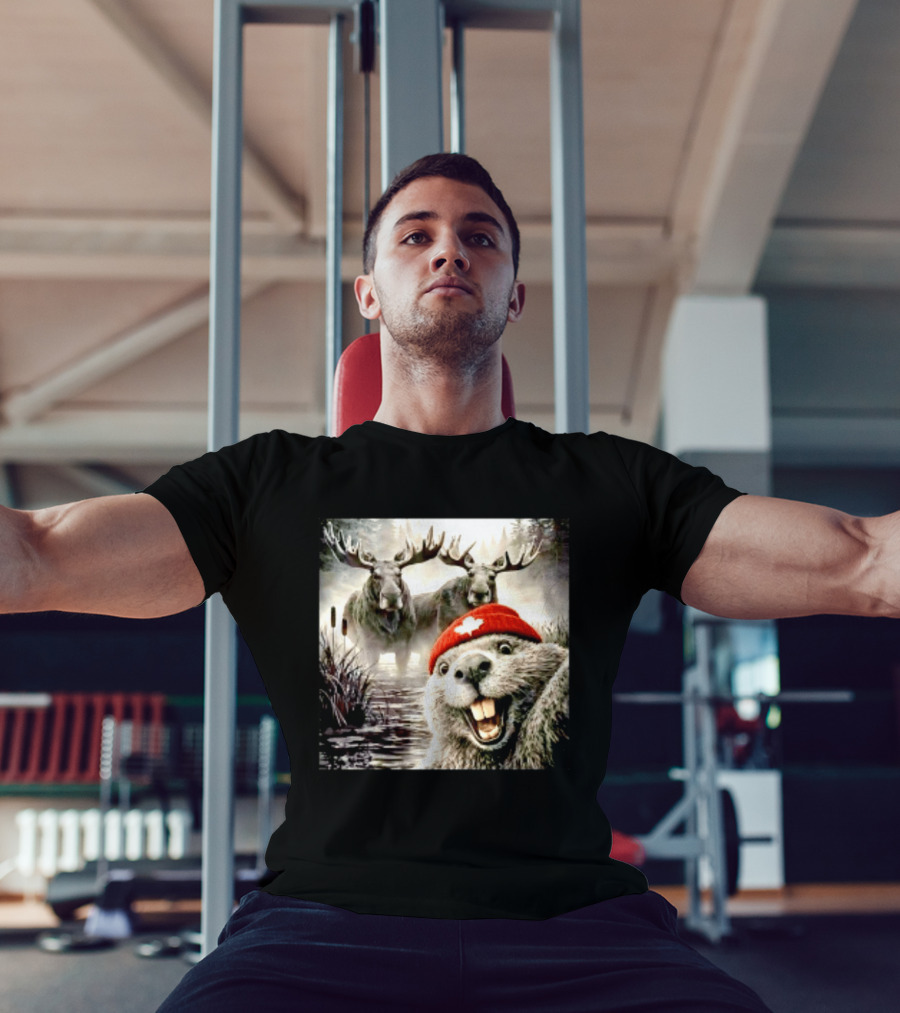 Beaver With Maple Leaf Beanie And Moose Forest Scene T-Shirt