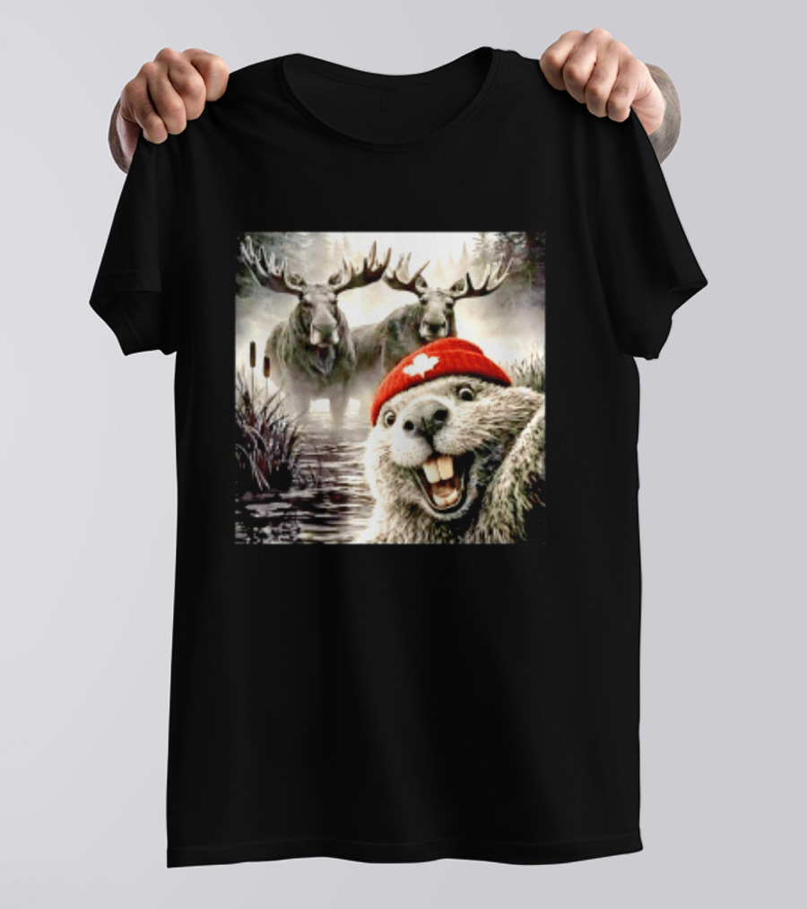 Beaver With Maple Leaf Beanie And Moose Forest Scene T-Shirt