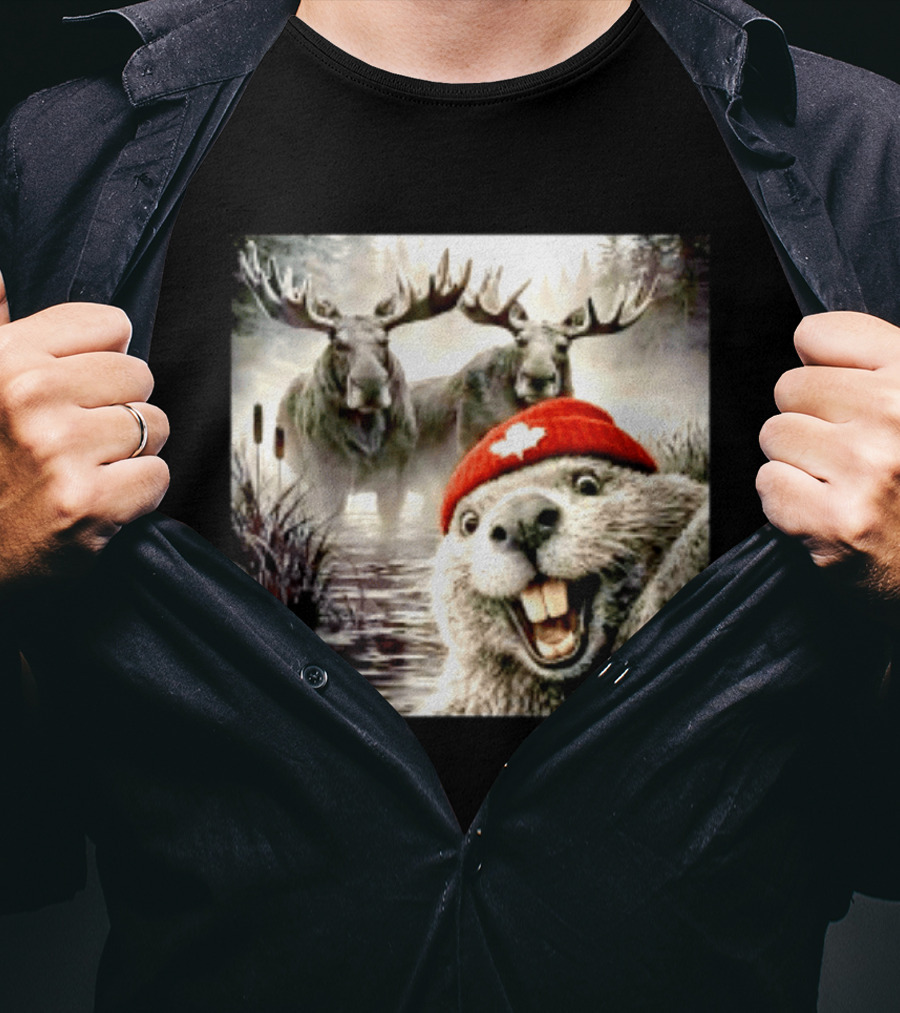 Beaver With Maple Leaf Beanie And Moose Forest Scene T-Shirt