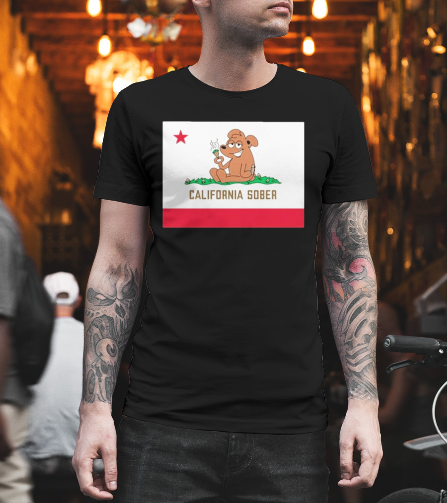 California Sober Bear With Joint And Drink State Flag T-Shirt