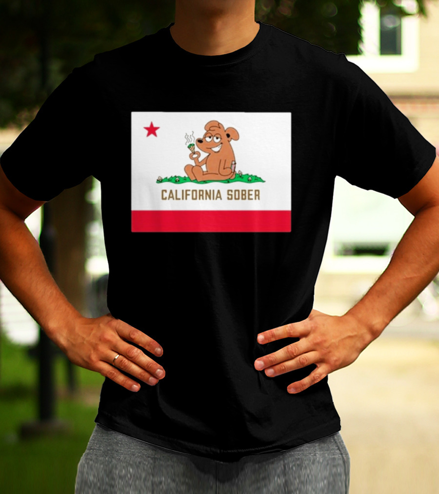 California Sober Bear With Joint And Drink State Flag T-Shirt