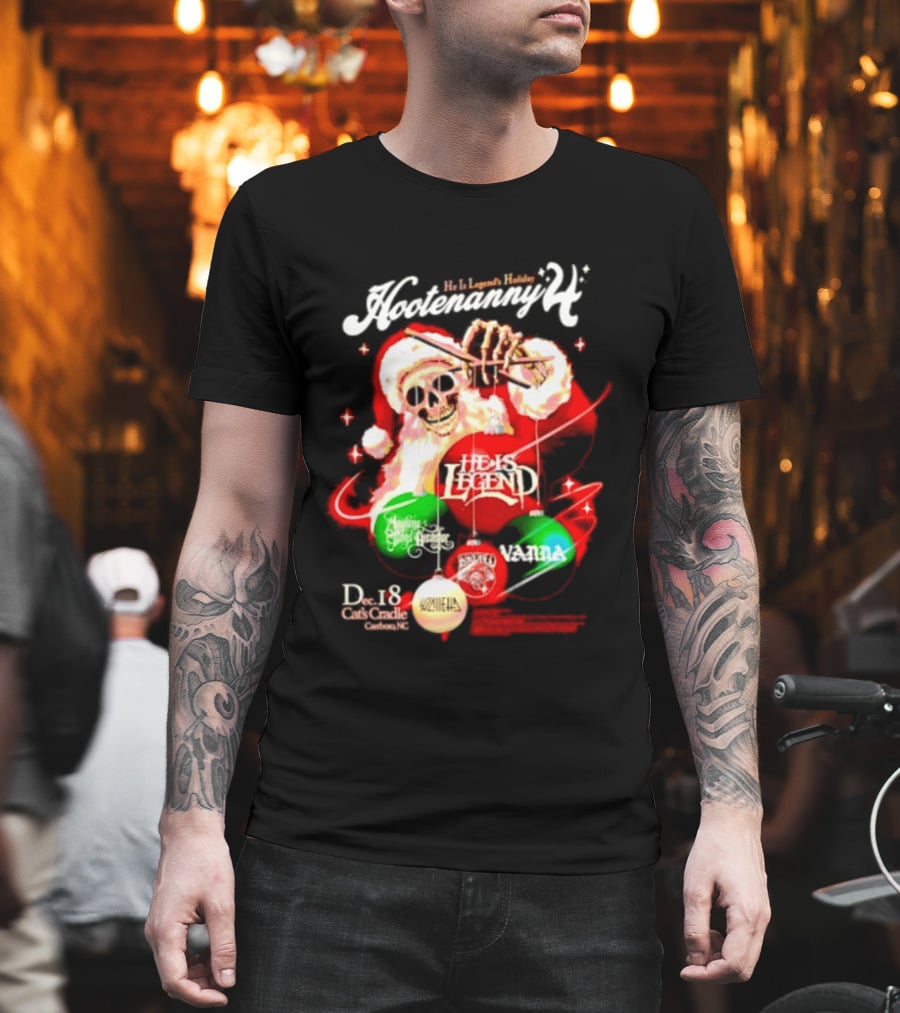 Holiday Hootenanny He Is Legend Skeleton Santa Cat's Cradle Carrboro NC Christmas T-Shirt