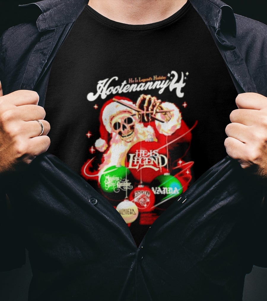Holiday Hootenanny He Is Legend Skeleton Santa Cat's Cradle Carrboro NC Christmas T-Shirt