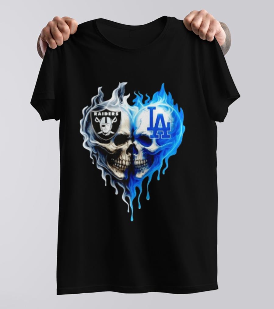 Las Vegas Raiders Los Angeles Dodgers Skulls Heart Blue Flames T-Shirt