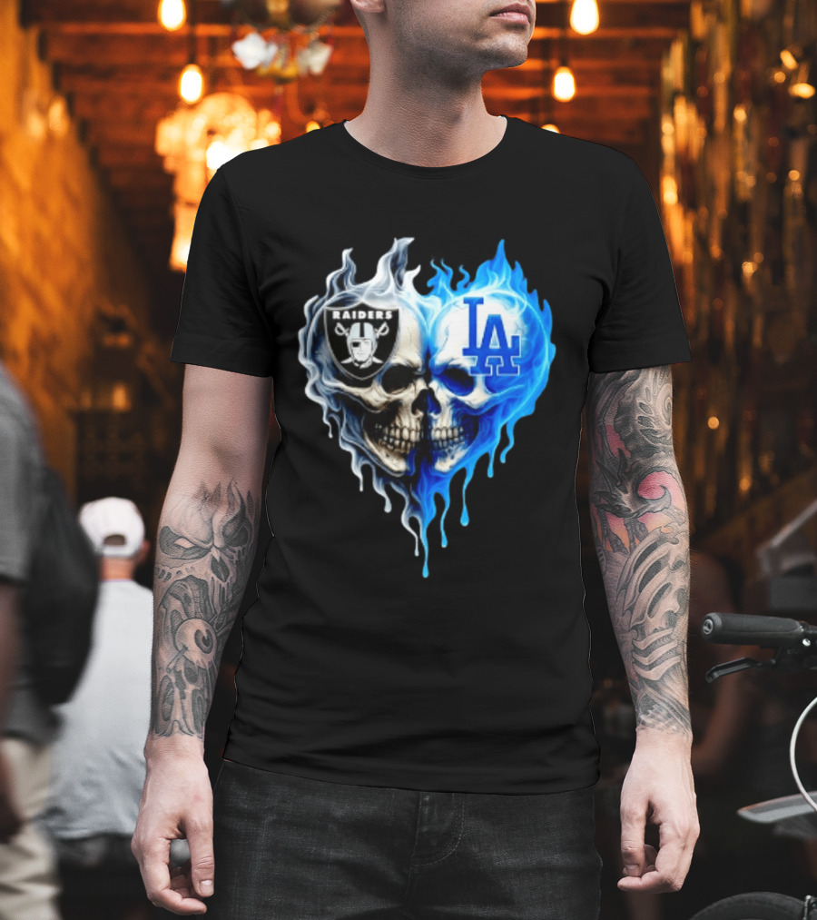 Las Vegas Raiders Los Angeles Dodgers Skulls Heart Blue Flames T-Shirt