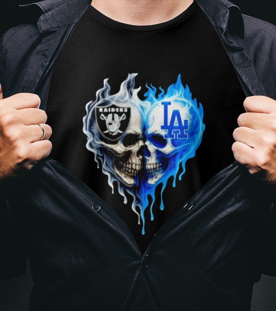 Las Vegas Raiders Los Angeles Dodgers Skulls Heart Blue Flames T-Shirt