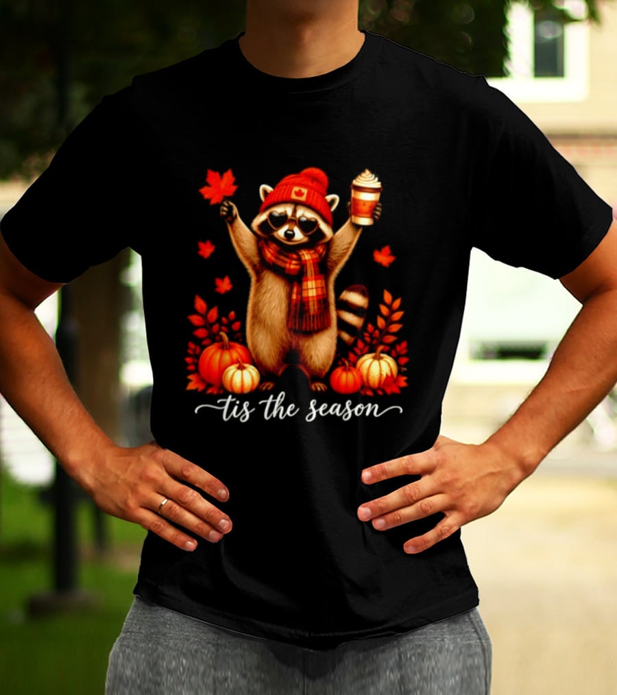 Raccoon In Scarf With Heart Sunglasses Autumn Leaves Pumpkins Tis The Season T-Shirt