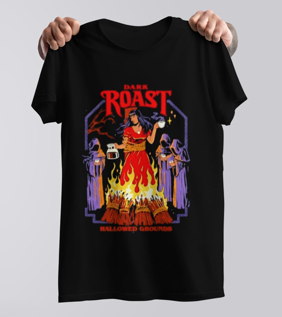 Dark Roast Hallowed Grounds Coffee Witch Brewing Flames And Rituals T-Shirt
