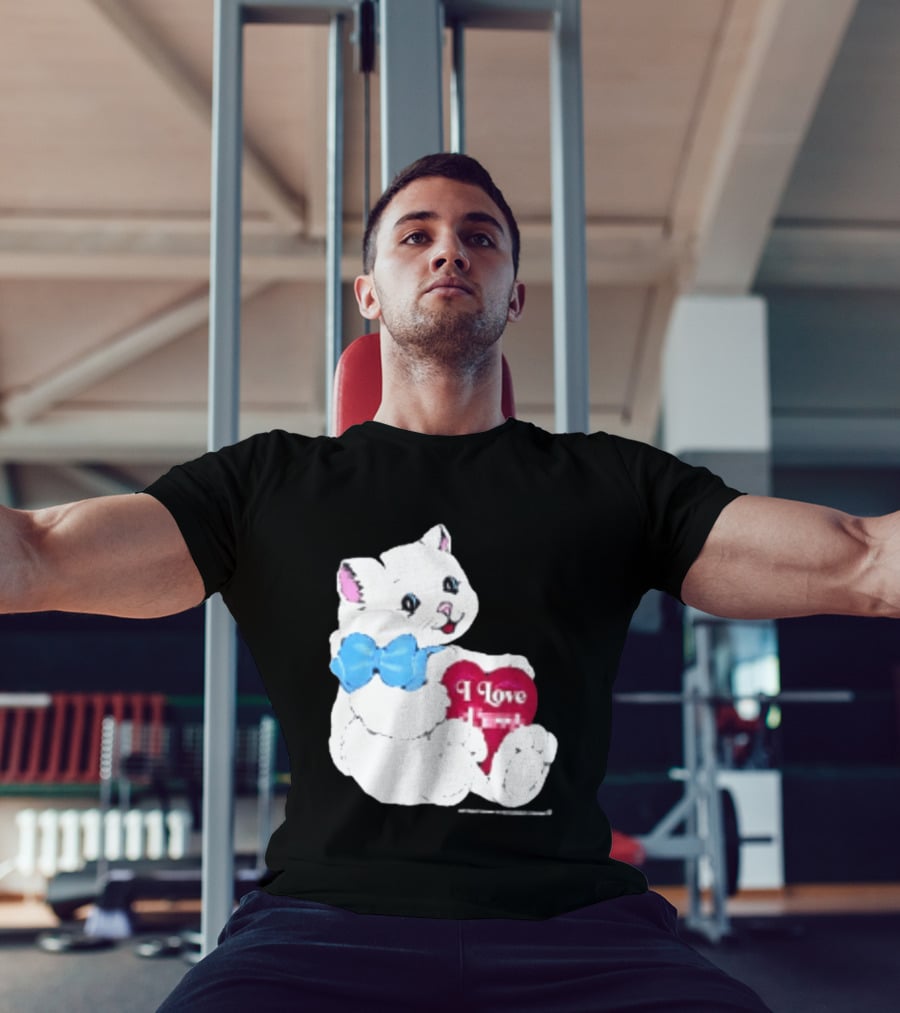 I Love Pussy Cats Heart Blue Bow Adorable White Kitten T-Shirt