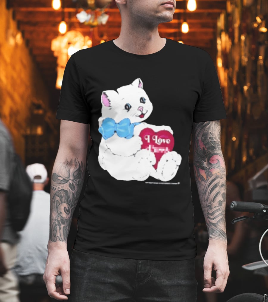 I Love Pussy Cats Heart Blue Bow Adorable White Kitten T-Shirt