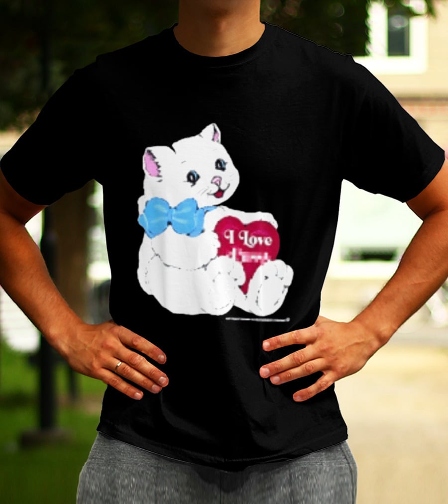 I Love Pussy Cats Heart Blue Bow Adorable White Kitten T-Shirt