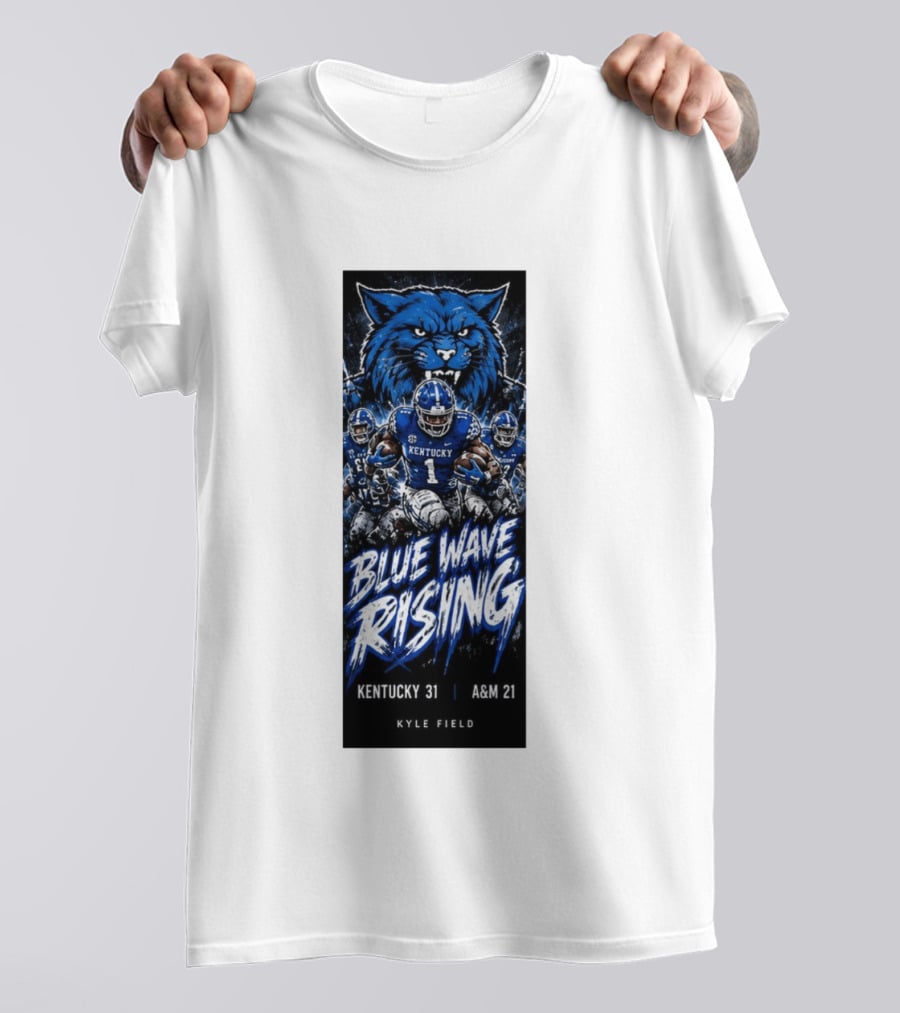 NCAA Kentucky Wildcats Blue Wave Rising 31 To 21 Victory At Texas AM Kyle Field T-Shirt