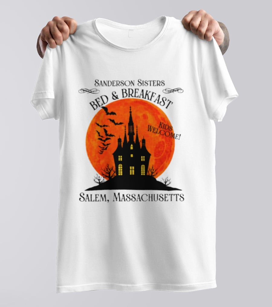 Sanderson Sisters Bed And Breakfast Kids Welcome Salem Massachusetts Halloween Bats Haunted House T-Shirt