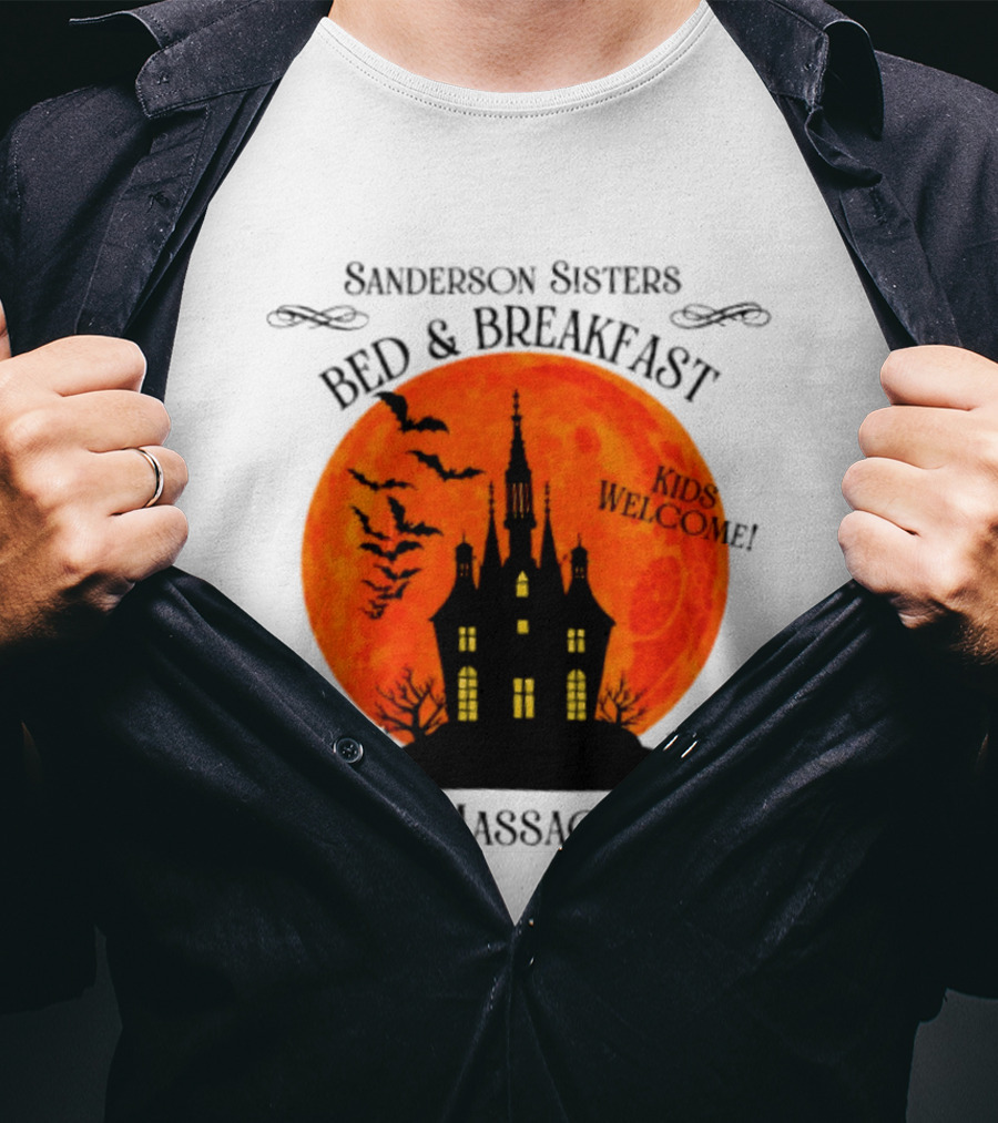 Sanderson Sisters Bed And Breakfast Kids Welcome Salem Massachusetts Halloween Bats Haunted House T-Shirt
