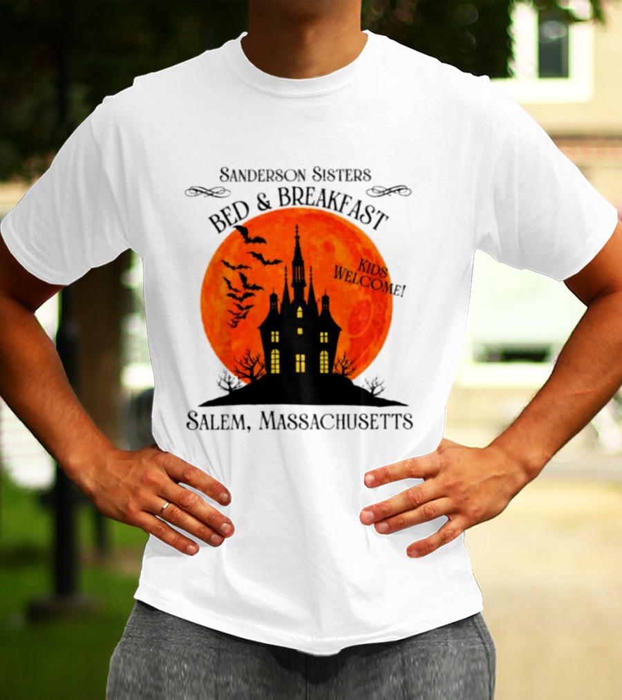 Sanderson Sisters Bed And Breakfast Kids Welcome Salem Massachusetts Halloween Bats Haunted House T-Shirt