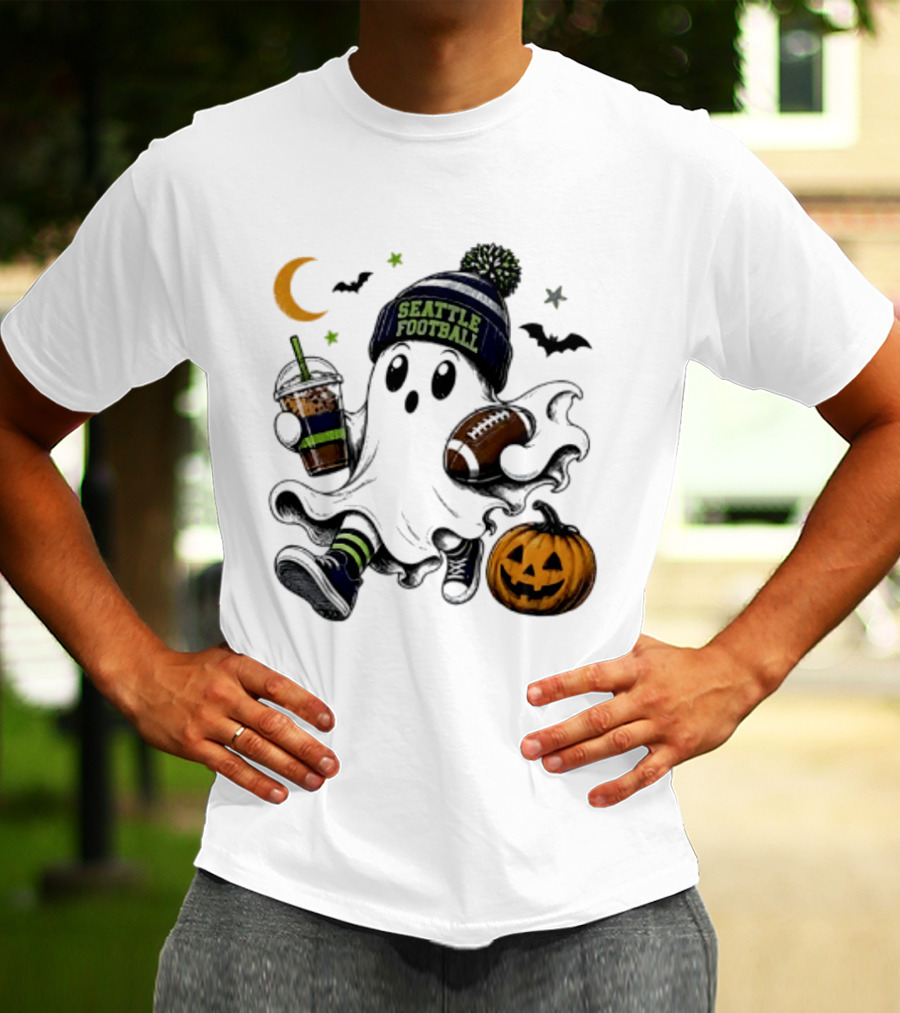 Seattle Football Halloween Ghost With Pumpkin Coffee And Moon T-Shirt