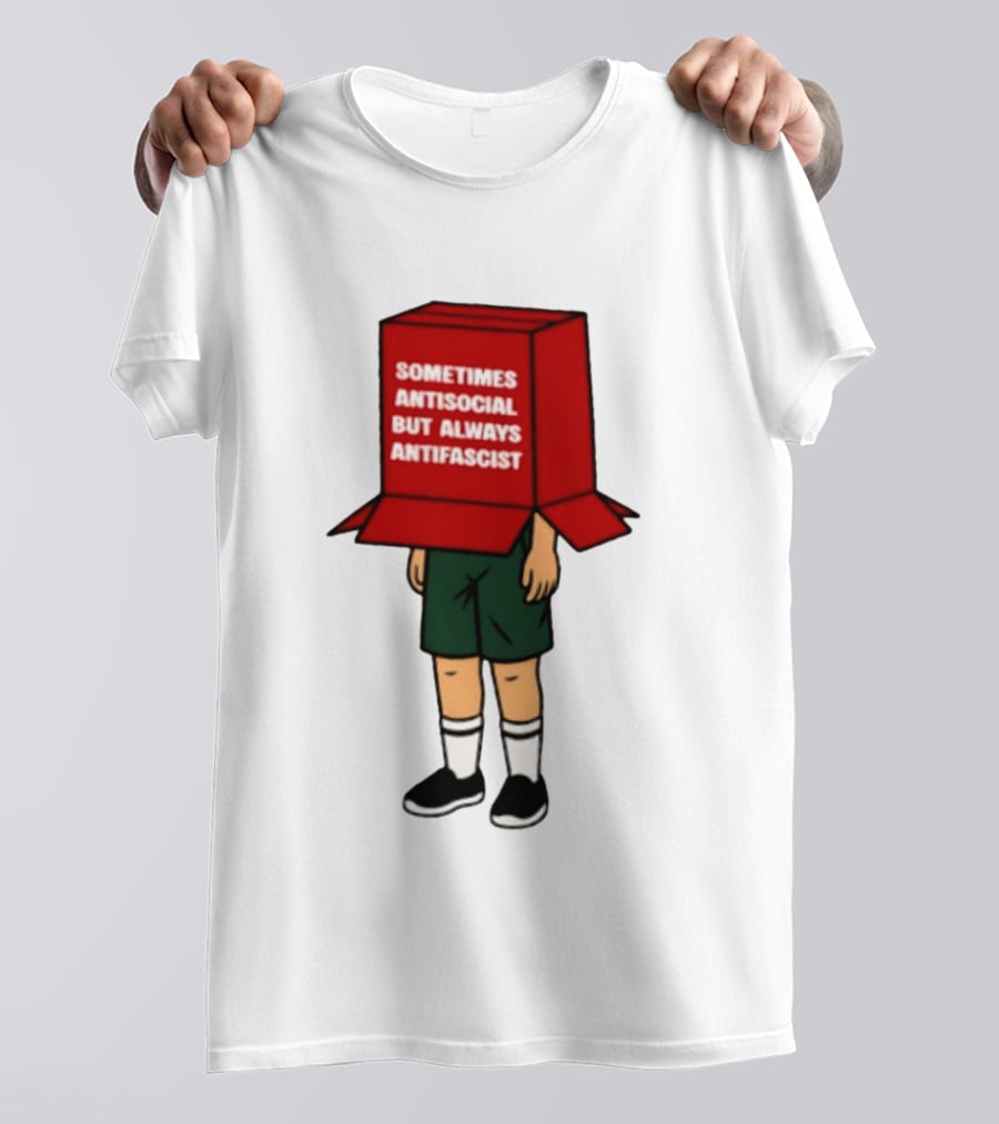 Sometimes Antisocial But Always Antifascist Box Head Cartoon T-Shirt