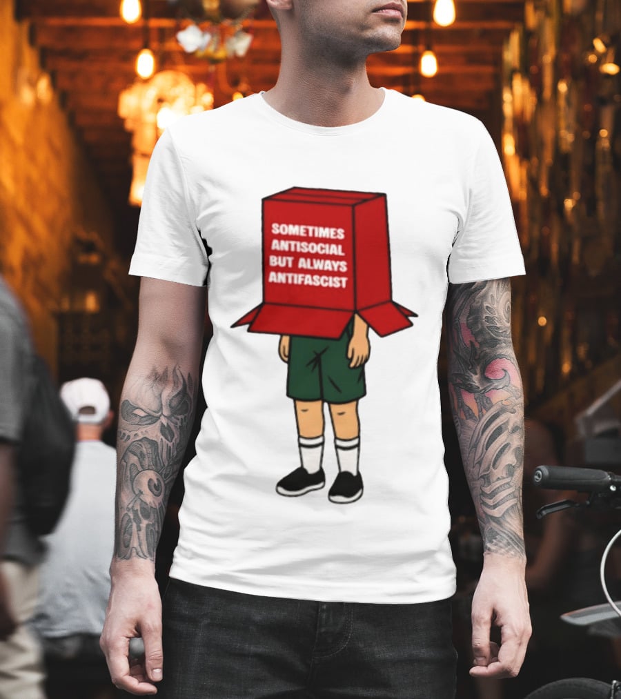 Sometimes Antisocial But Always Antifascist Box Head Cartoon T-Shirt