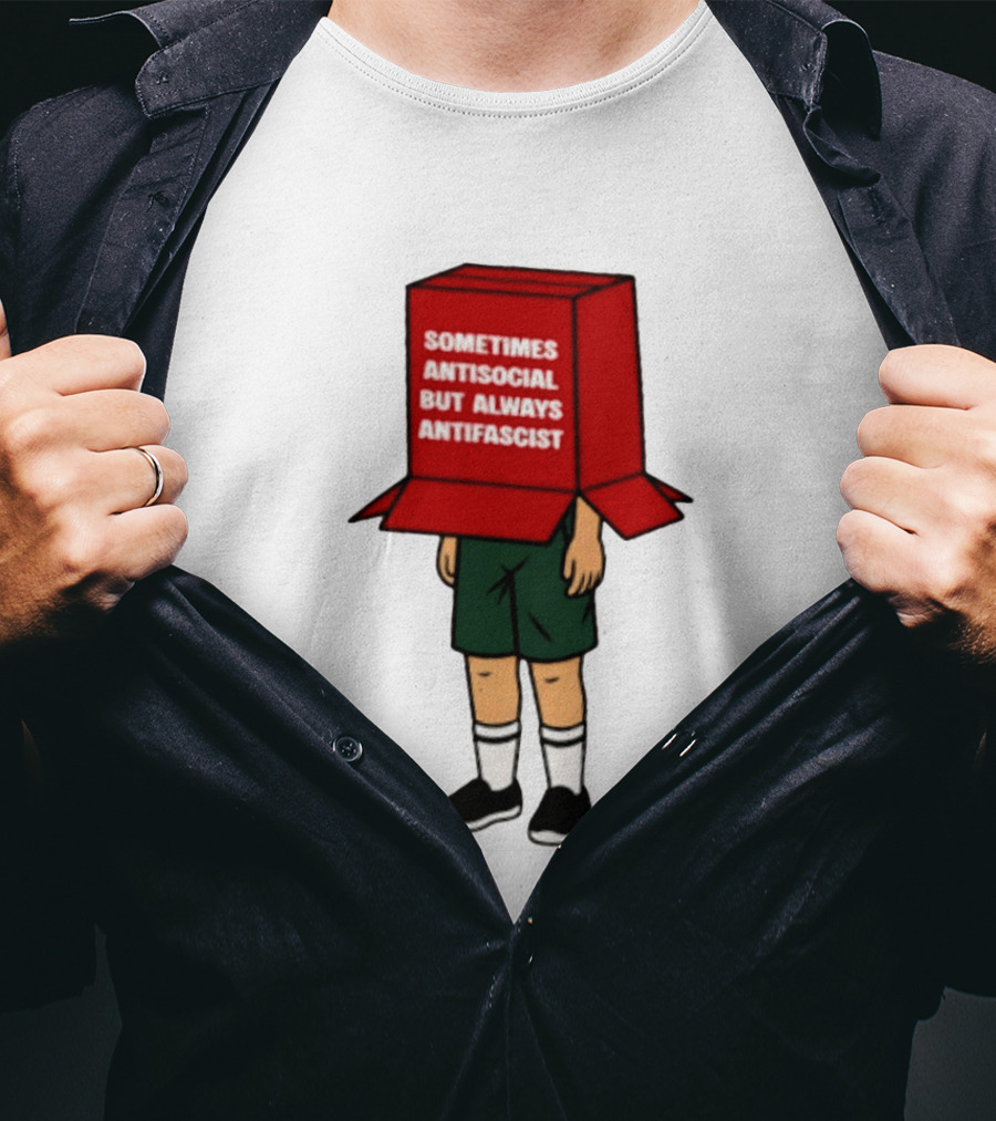 Sometimes Antisocial But Always Antifascist Box Head Cartoon T-Shirt