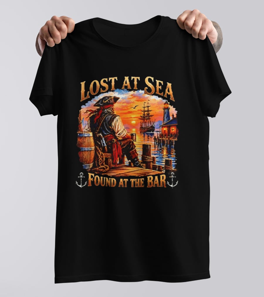 Lost At Sea Found At The Bar Pirate Sunset Sarcastic Humor T-Shirt