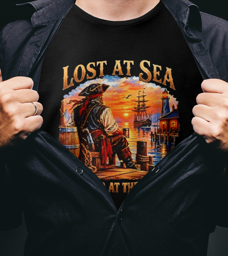 Lost At Sea Found At The Bar Pirate Sunset Sarcastic Humor T-Shirt