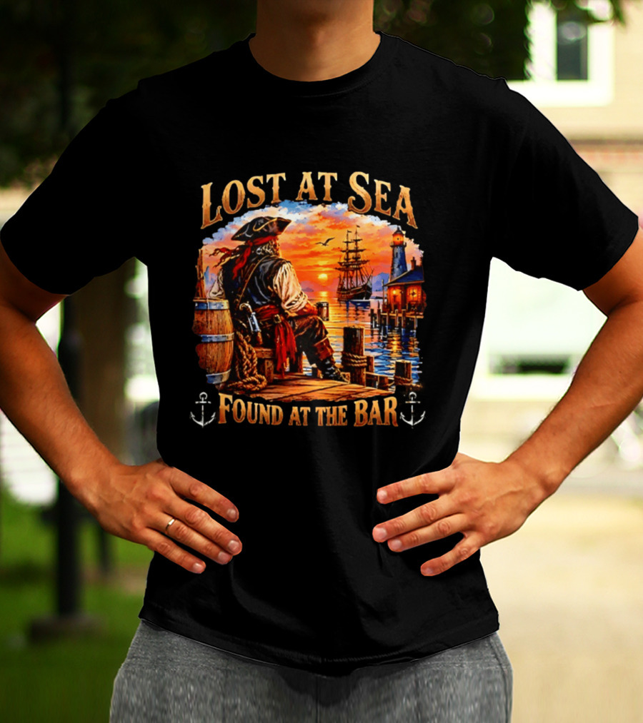 Lost At Sea Found At The Bar Pirate Sunset Sarcastic Humor T-Shirt
