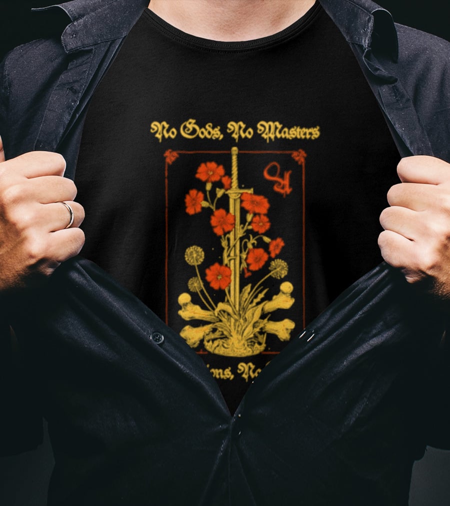 No Gods No Masters No Nations No Borders Sword And Flower T-Shirt