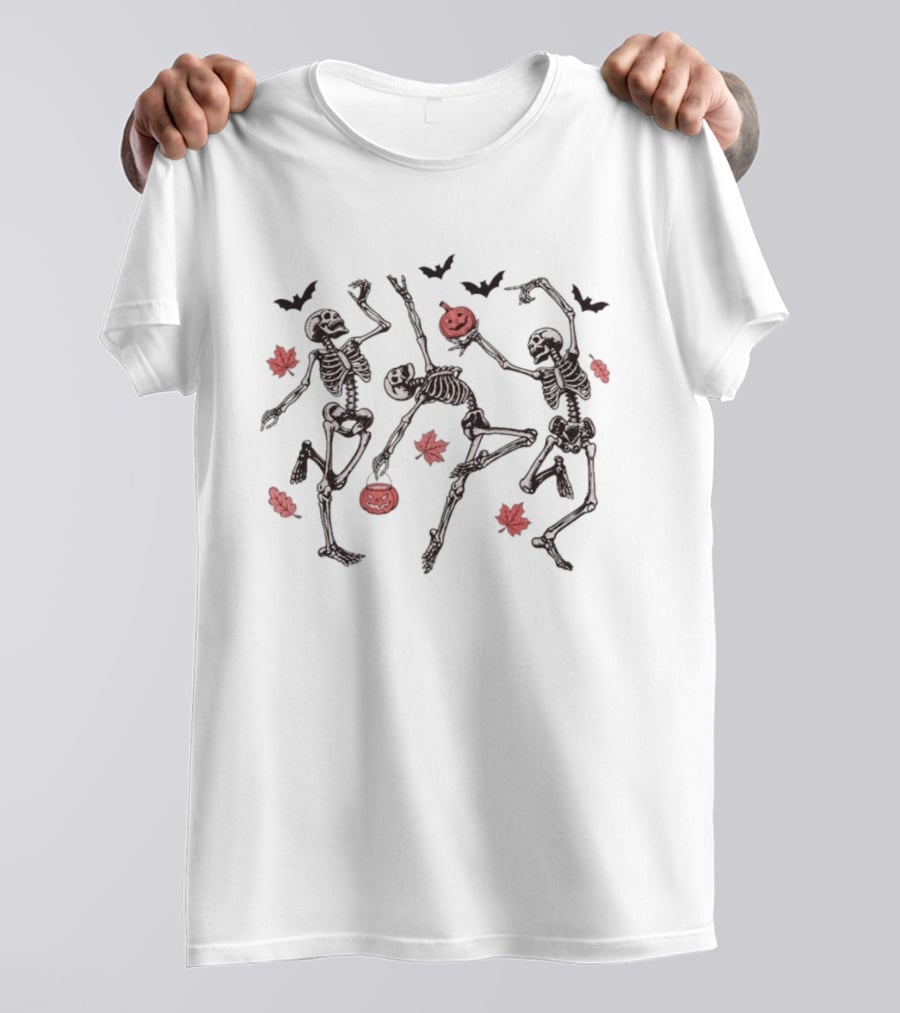 Halloween Pumpkin Dancing Skeletons With Red Autumn Leaves And Bats T-Shirt