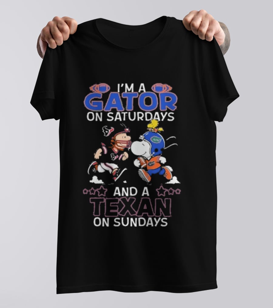 Charlie Brown And Snoopy I'm A Gator On Saturdays And A Texan On Sundays Football T-Shirt
