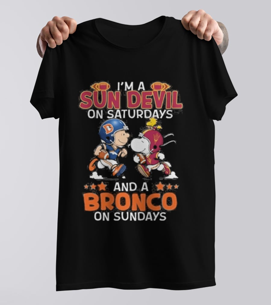 Charlie Brown Snoopy Sun Devil Saturdays Broncos Sundays Football Fan Duo T-Shirt