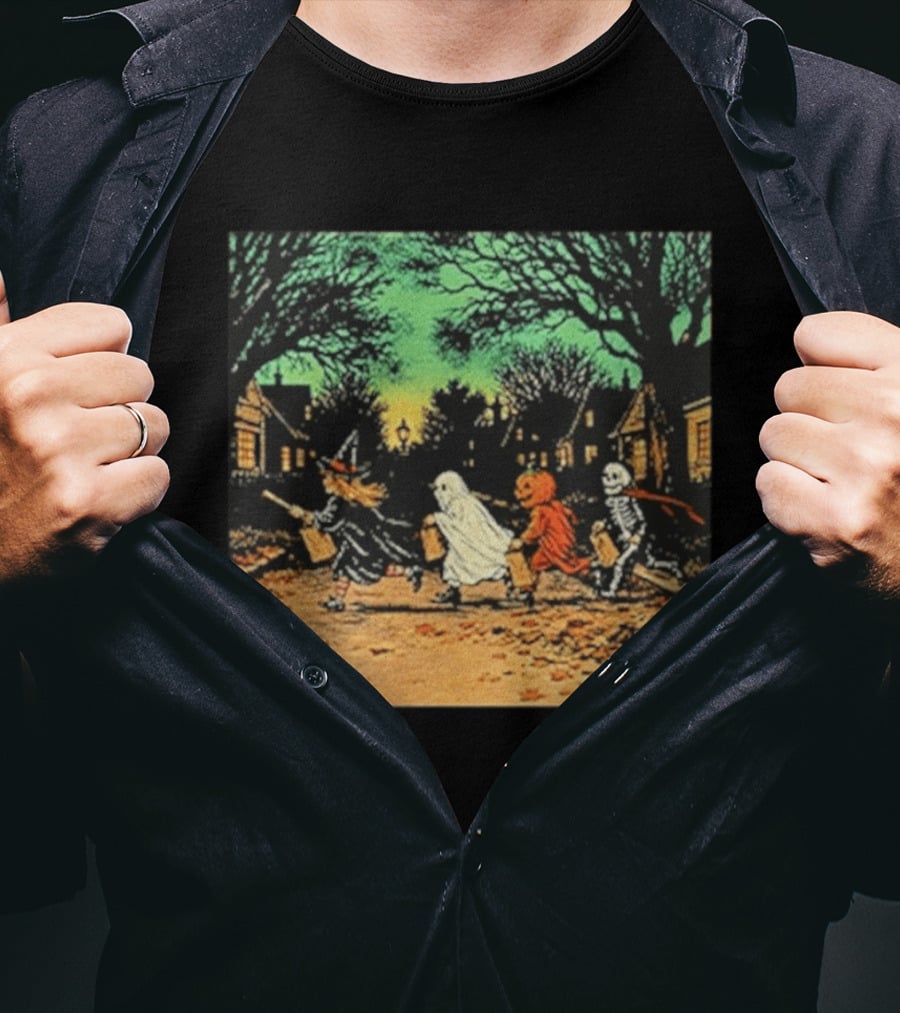 Trick Or Treat Witch Ghost Pumpkin Skeleton Halloween Scene T-Shirt