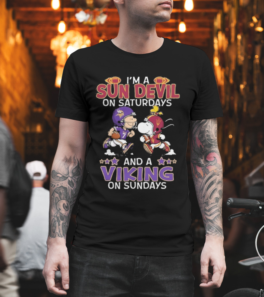 Charlie Brown Snoopy Sun Devil Saturdays Viking Sundays Peanuts Football T-Shirt