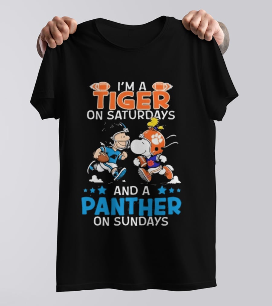 Charlie Brown Snoopy Tiger Saturdays Panther Sundays Football T-Shirt