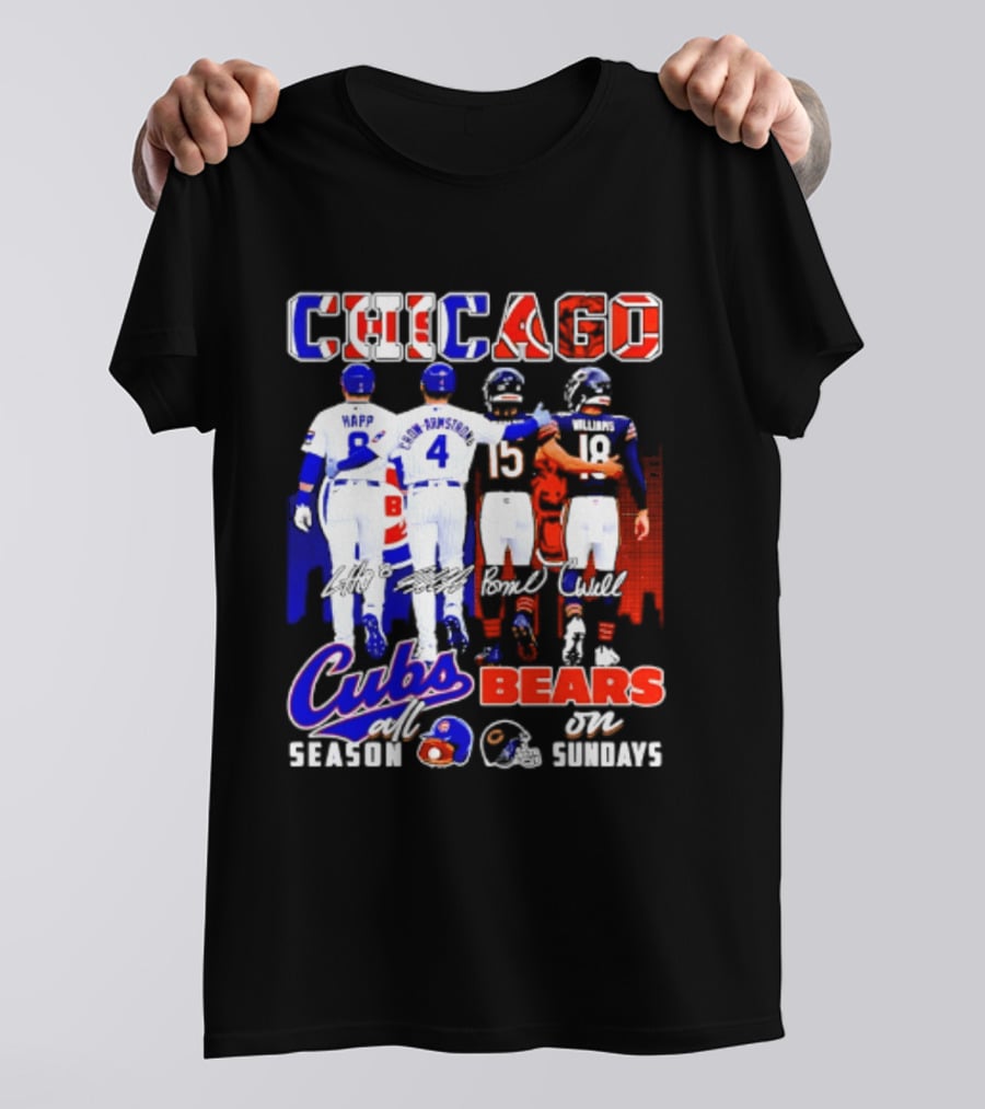 Chicago Cubs Happ And Bote Bears Fields And Moore Signature Skyline Sundays All Season T-Shirt