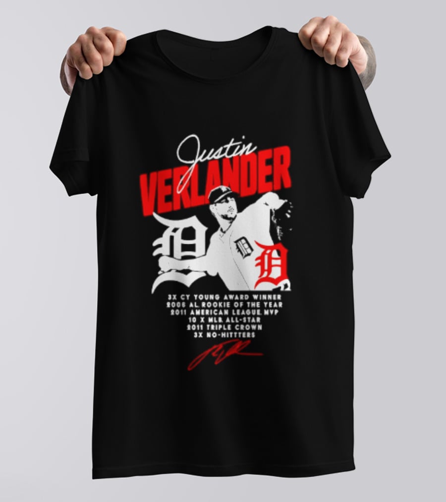Detroit Tigers Justin Verlander No Hitter AL Rookie MVP Cy Young Winner MLB Career T-Shirt