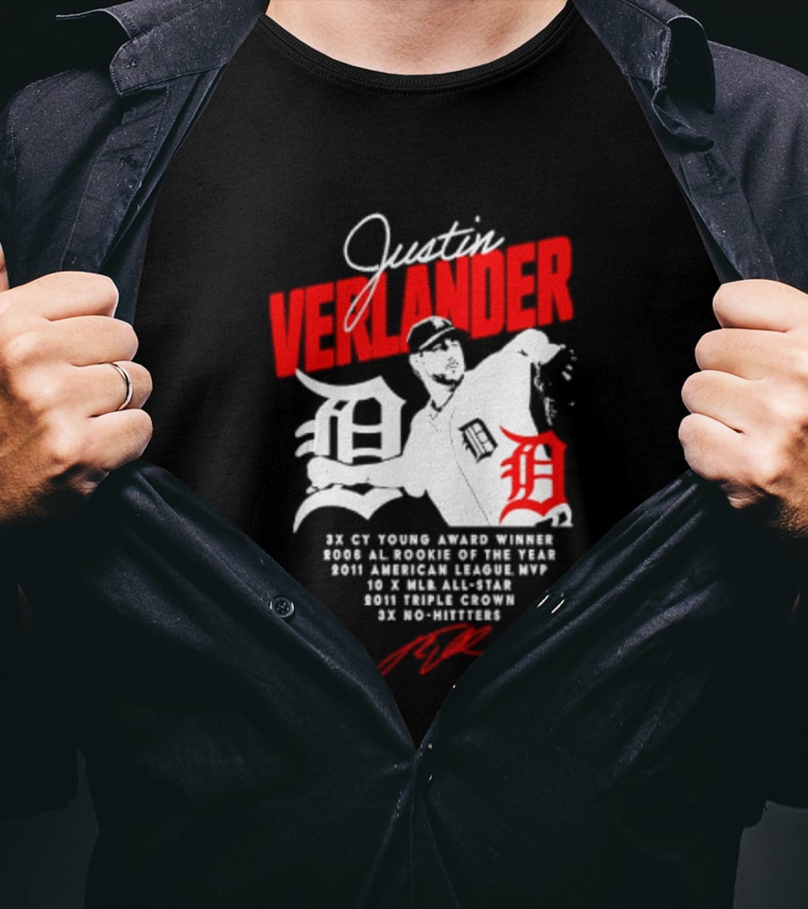 Detroit Tigers Justin Verlander No Hitter AL Rookie MVP Cy Young Winner MLB Career T-Shirt
